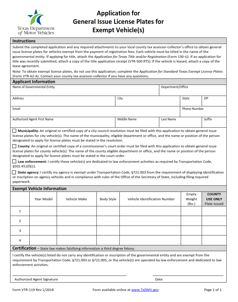 VTR-119 - Application for General Issue License Plates for Exempt Vehicle Page 1