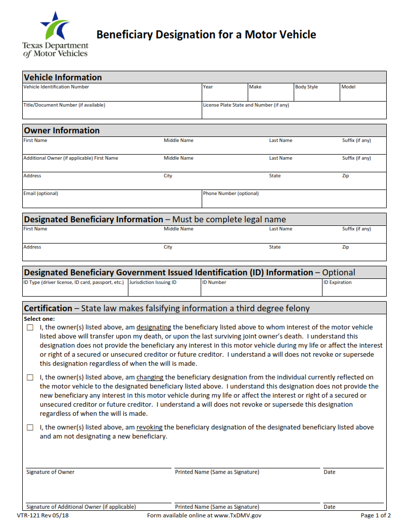 VTR-121 - Beneficiary Designation for a Motor Vehicle Page 1