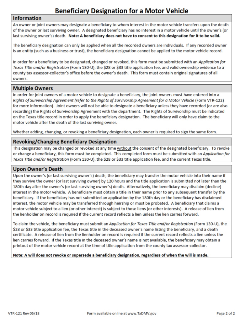 VTR-121 – Beneficiary Designation for a Motor Vehicle | Origin Form Studio