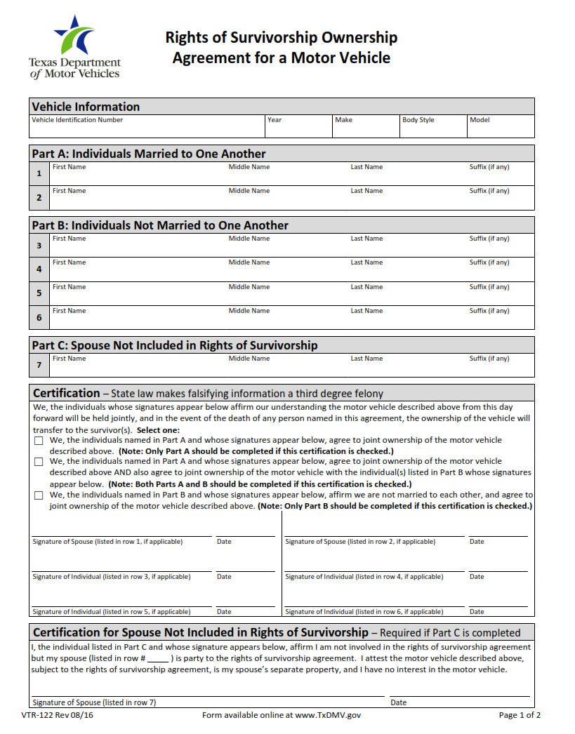 VTR-122 - Rights of Survivorship Ownership Agreement For a Motor Vehicle Page 1