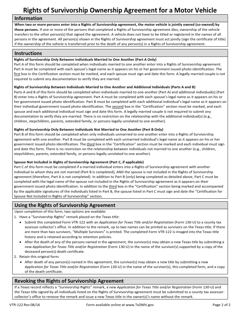 VTR-122 - Rights of Survivorship Ownership Agreement For a Motor Vehicle Page 2
