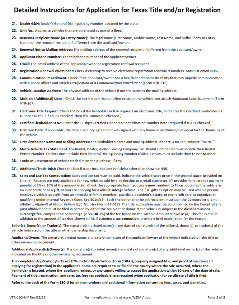 VTR130UIF Detailed Instructions For Application For Texas Title and
