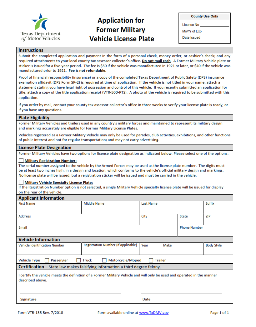 VTR-135 - Application for Former Military Vehicle License Plate Page 1