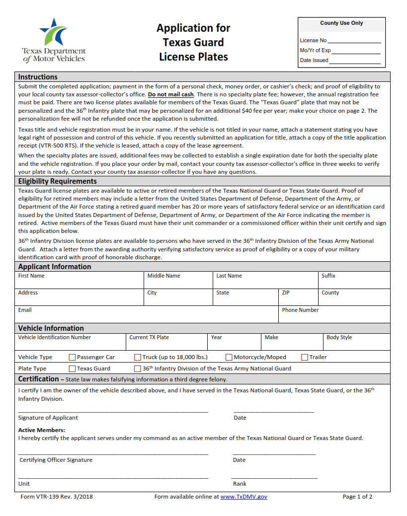VTR-139 - Application for Texas Guard License Plates Page 1