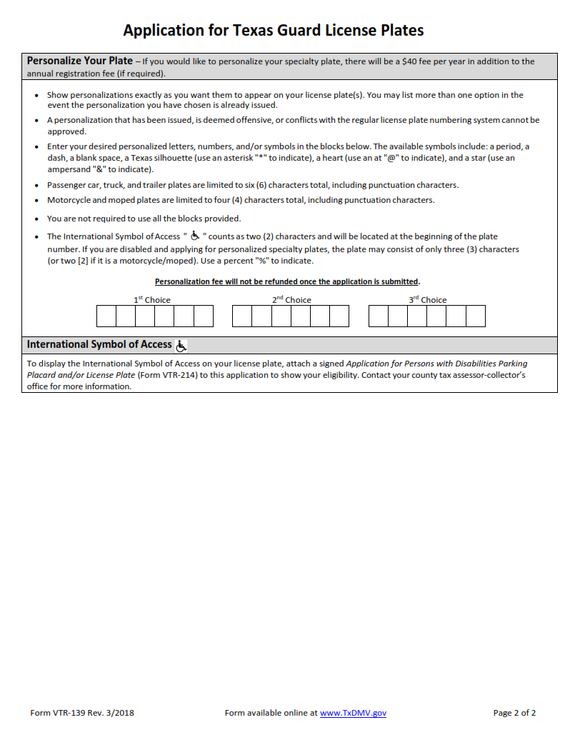 VTR-139 - Application for Texas Guard License Plates Page 2