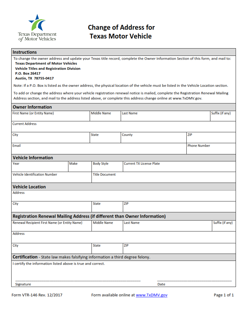 VTR-146 - Change of Address for Texas Motor Vehicle