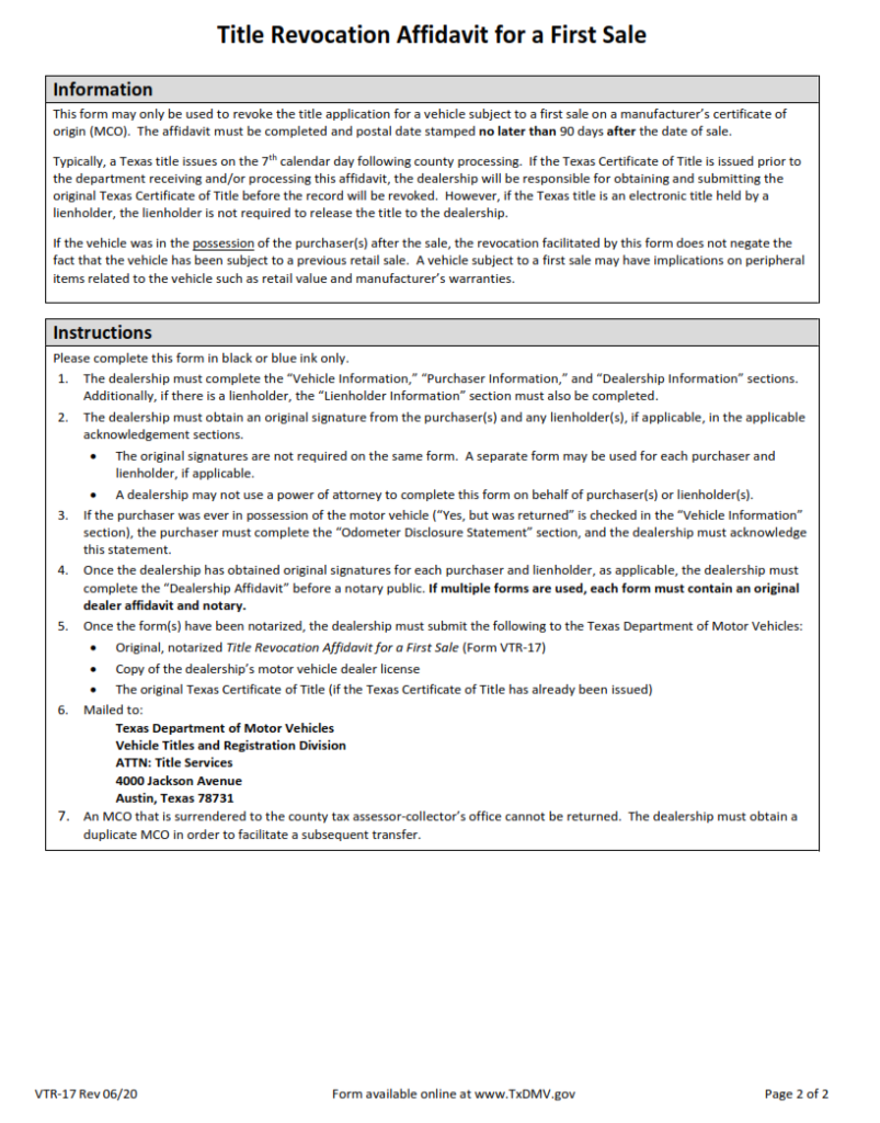 VTR17 Title Revocation Affidavit for a First Sale Origin Form Studio