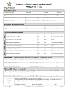 VTR-207 - Inventory of Component Parts Purchased Affidavit Bill of Sale