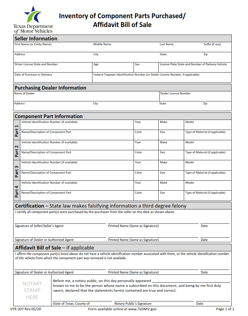 VTR-207 - Inventory of Component Parts Purchased Affidavit Bill of Sale