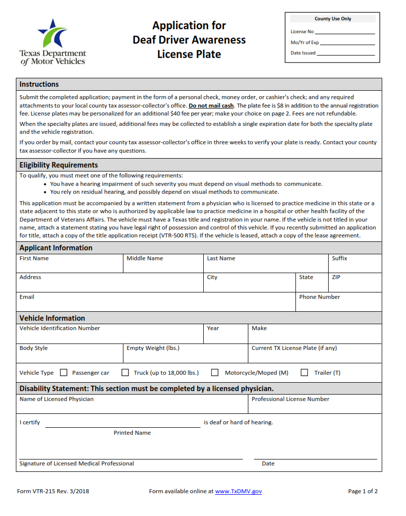 VTR-215 - Application for Deaf Driver Awareness Specialty License Plate Page 1