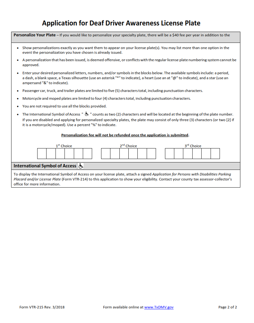 VTR-215 - Application for Deaf Driver Awareness Specialty License Plate Page 2