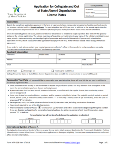 VTR-228 - Application for Collegiate and Out of State Alumni Organization License Plates Page 1
