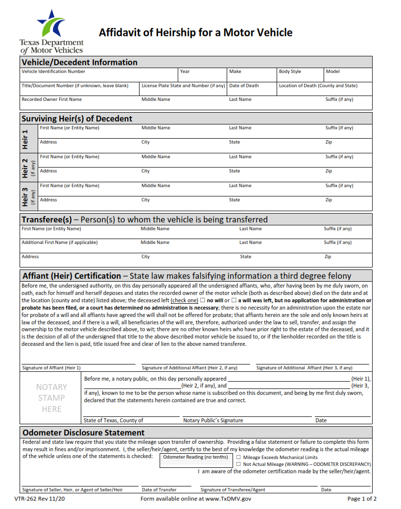 VTR-262 - Affidavit Of Heirship For A Motor Vehicle Page 1