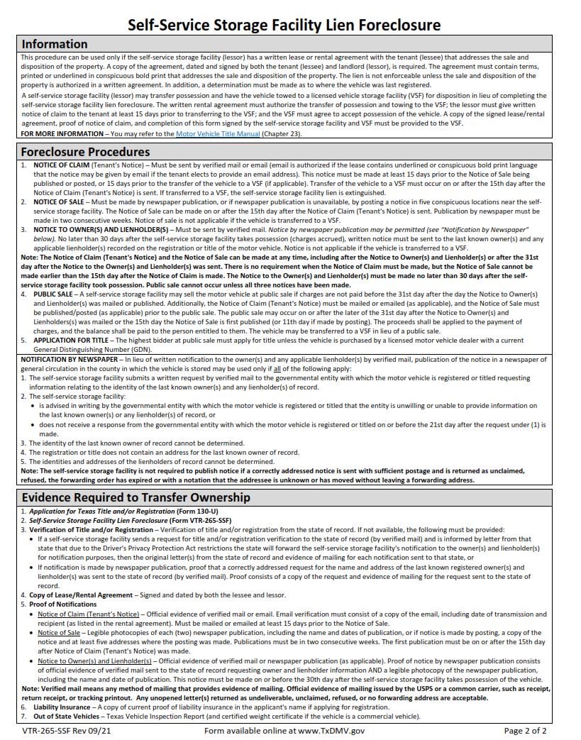 VTR-265-SSF - Self-Service Storage Facility Lien Foreclosure Page 2
