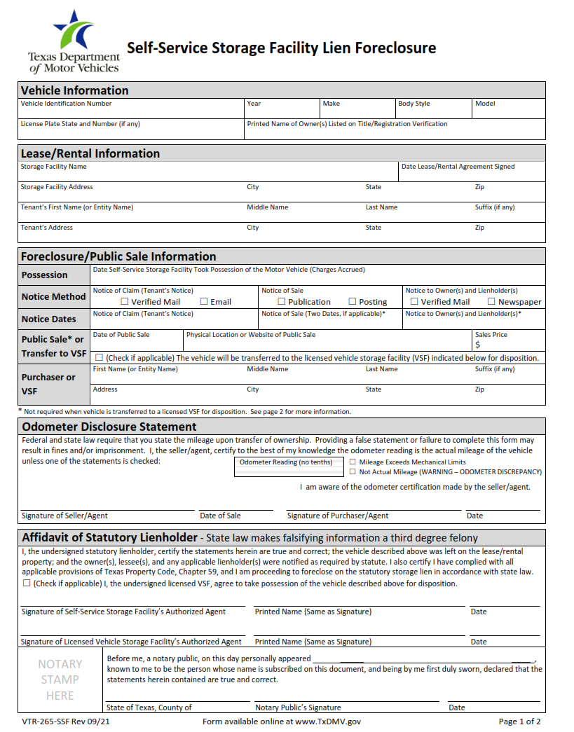 VTR-265-SSF - Self-Service Storage Facility Lien Foreclosure page 1
