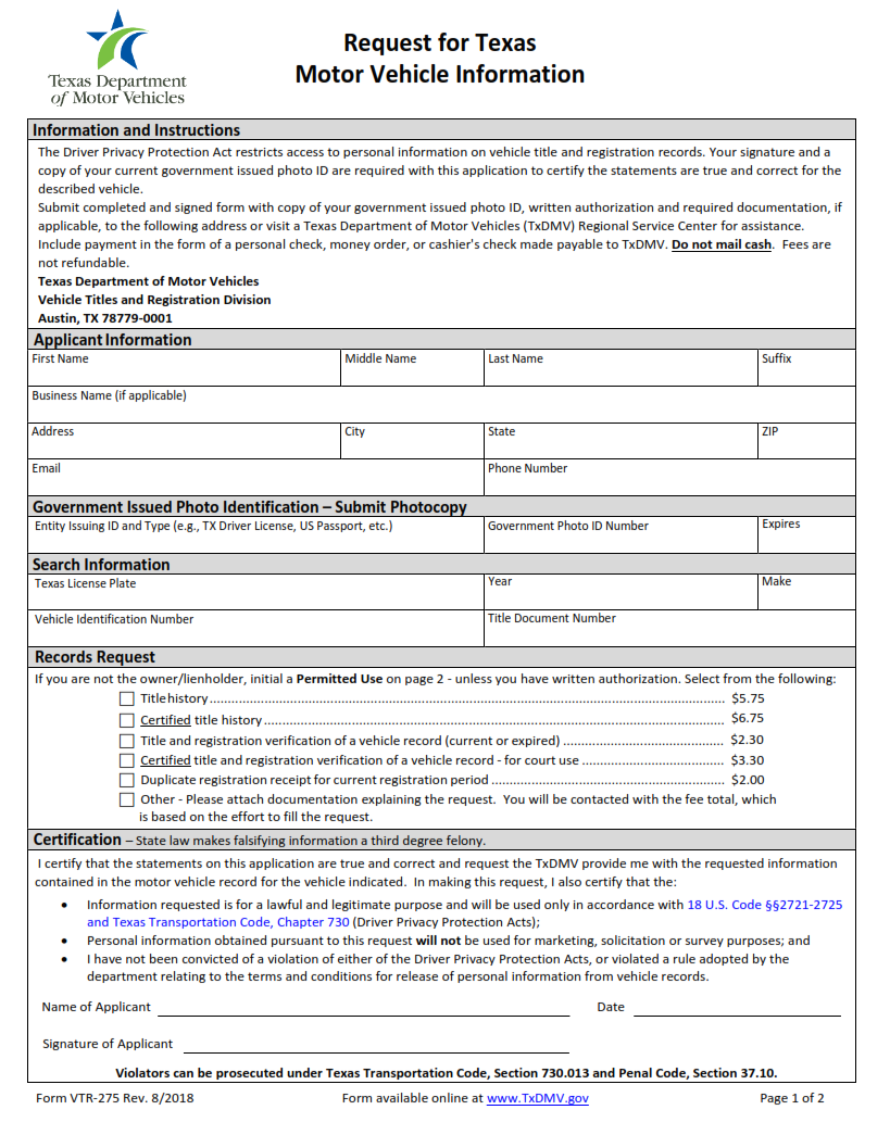 VTR-275 - Request for Texas Motor Vehicle Information Page 1