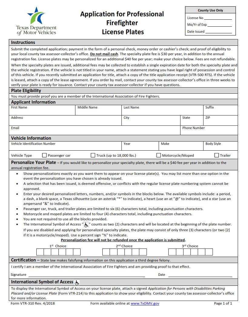 VTR-310 - Application for Professional Firefighter License Plates