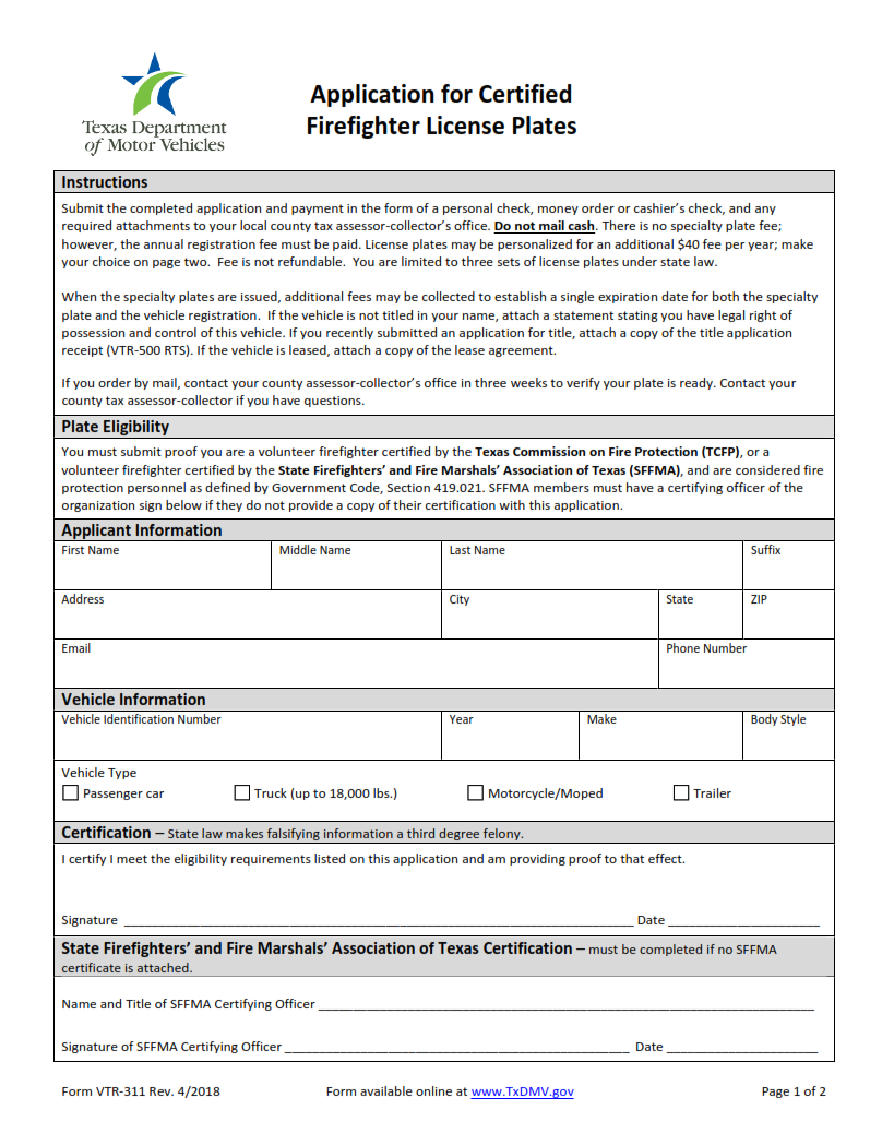 VTR-311 - Application for Certified Firefighter License Plates page 1