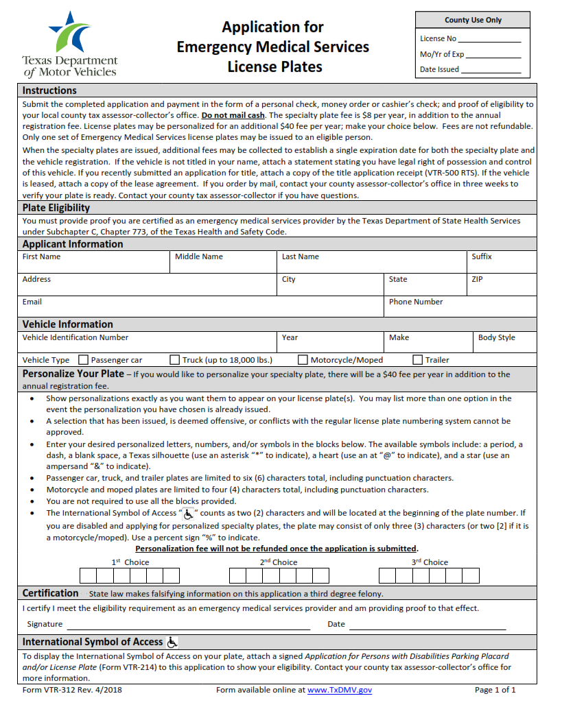 VTR-312 - Application for Emergency Medical Services License Plates Page 1