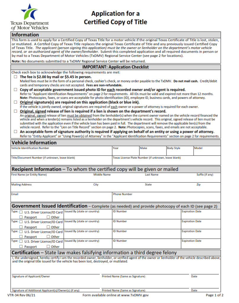 Vtr 34 application for certified copy of title origin form studio