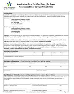VTR-34-S - Application For A Certified Copy Of A Texas Nonrepairable Or Salvage Vehicle Title Page 1