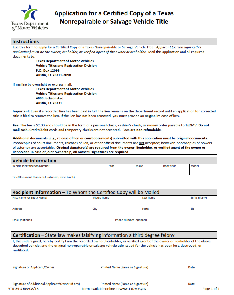 VTR-34-S - Application For A Certified Copy Of A Texas Nonrepairable Or Salvage Vehicle Title Page 1