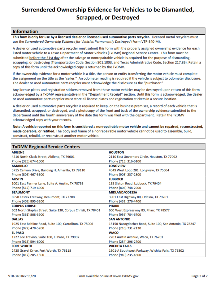 VTR-340 – Surrendered Ownership Evidence for Vehicles to be Dismantled ...