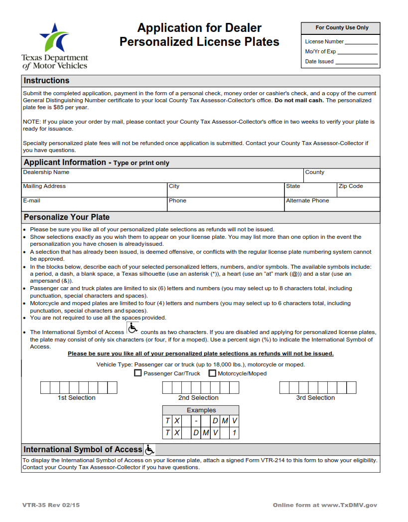 VTR-35 - Application for Dealer Personalized License Plates Page 1