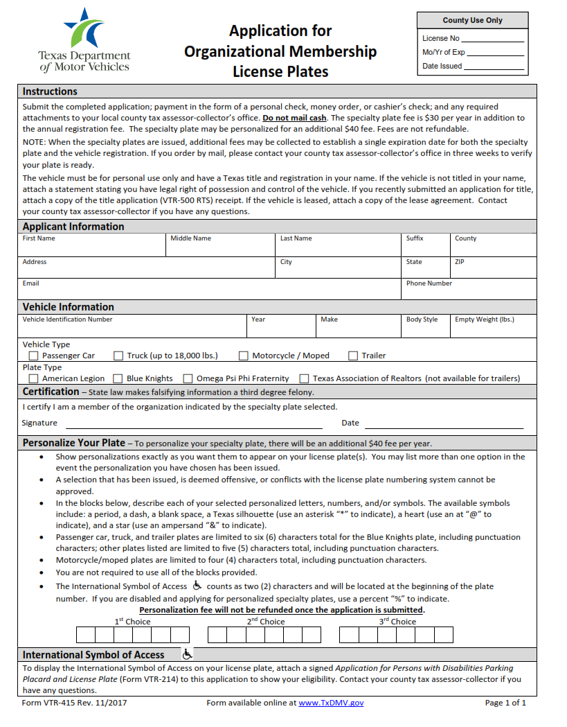VTR-415 - Application for Organizational Membership License Plates Page 1