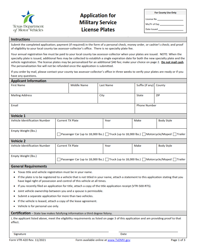 VTR-420 - Application for Military Service License Plates Page 1