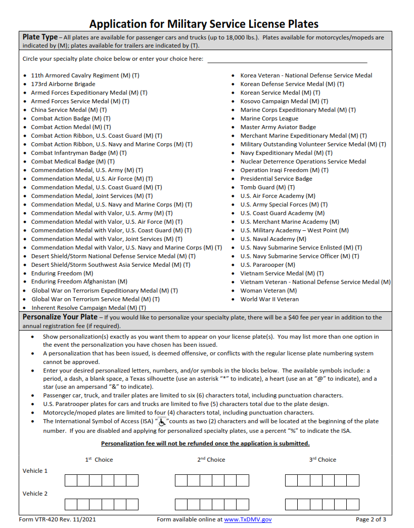 VTR-420 - Application for Military Service License Plates Page 2