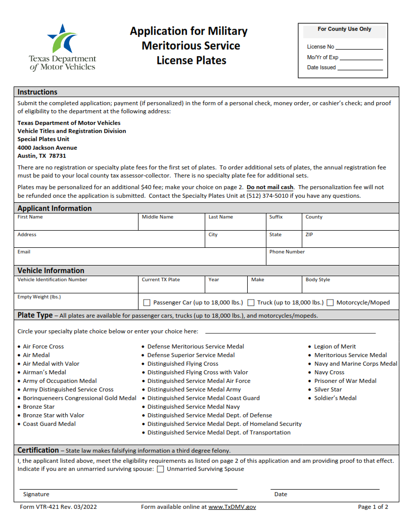 VTR-421 - Application for Military Meritorious Service License Plates Page 1
