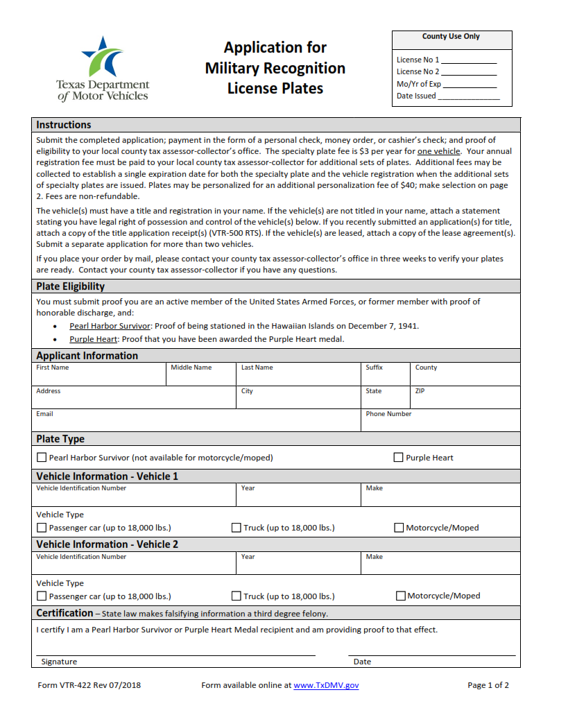 VTR-422 - Application for Military Recognition License Plates Page 1