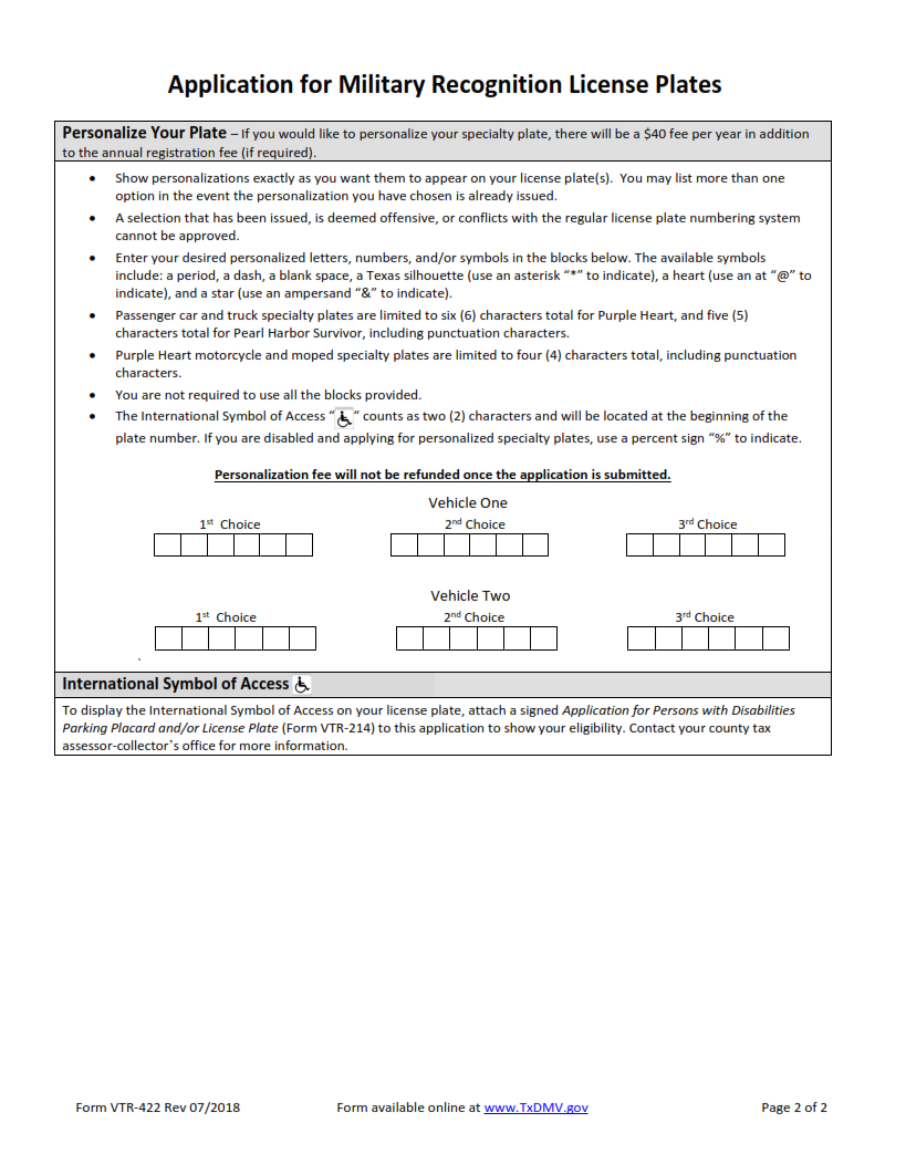VTR-422 - Application for Military Recognition License Plates Page 2