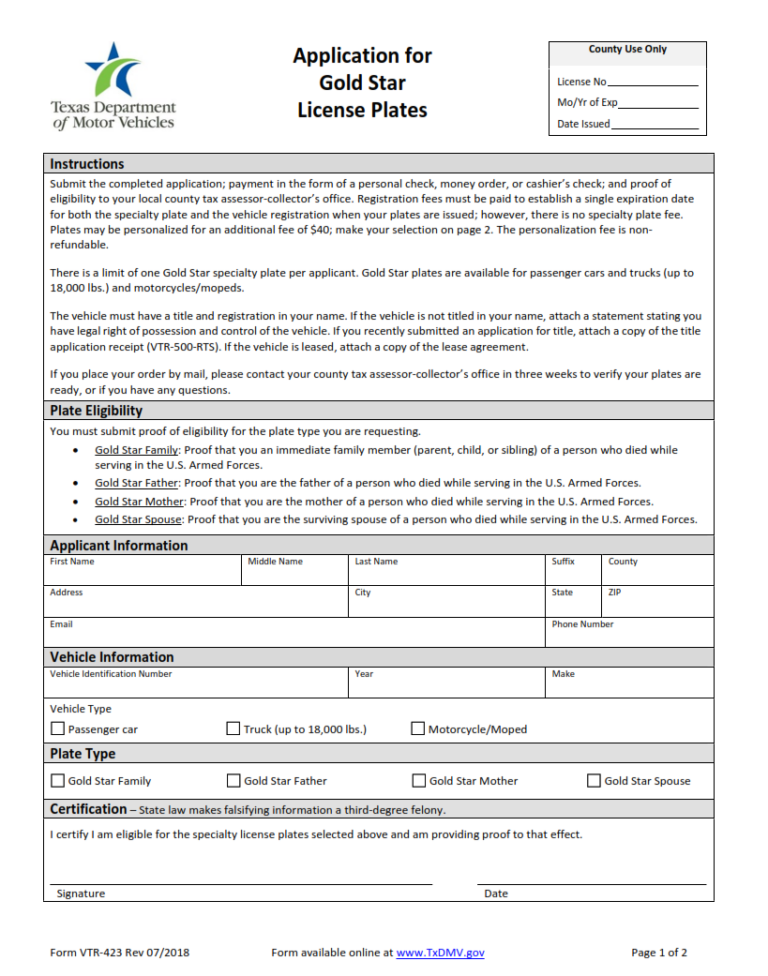VTR-423 – Application for Gold Star License Plates | Origin Form Studio