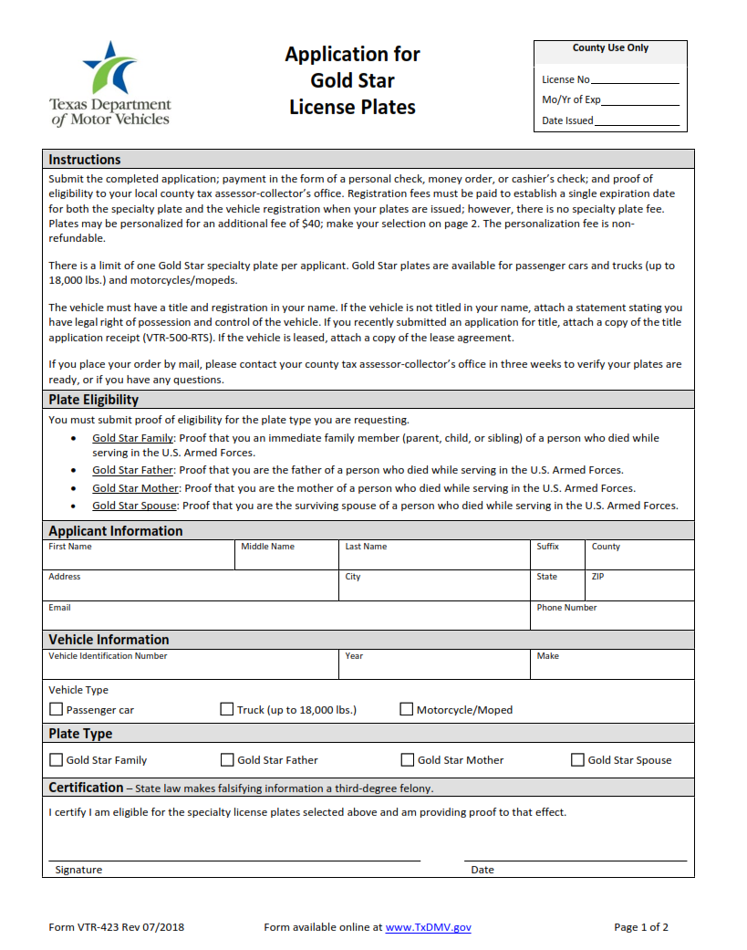VTR-423 - Application for Gold Star License Plates Page 1