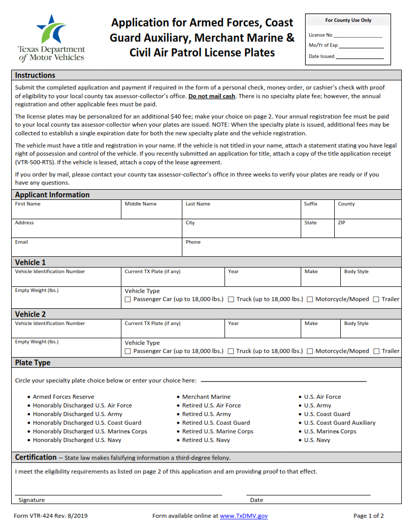 VTR-424 - Application for Armed Forces, Coast Guard Auxiliary, Merchant Marine & Civil Air Patrol License Plates Page 1
