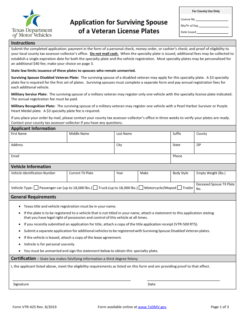 VTR-425 - Application for Surviving Spouse of a Veteran License Plates Page 1