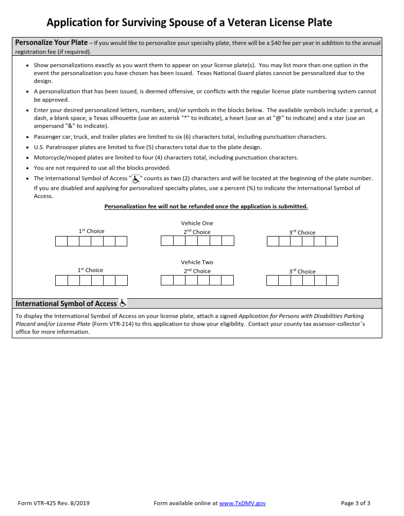 VTR-425 - Application for Surviving Spouse of a Veteran License Plates Page 3