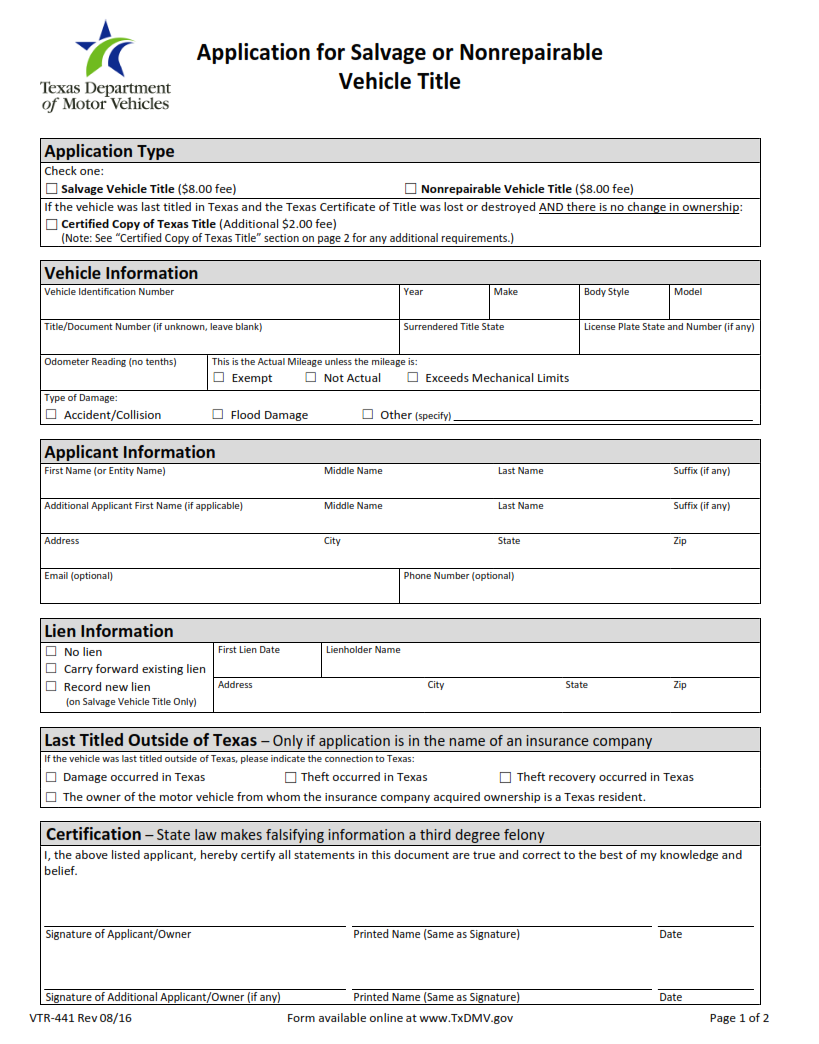 VTR-441 - Application For Salvage or Nonrepairable Vehicle Title Page 1