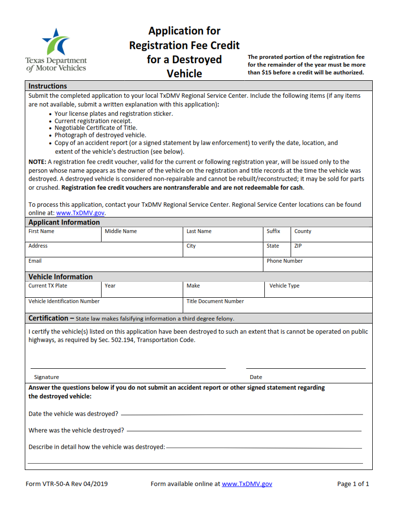 VTR-50-A - Application For Registration Fee Credit