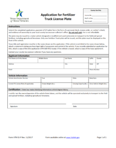 VTR-52-F - Application for Fertilizer Truck License Plate Page 1