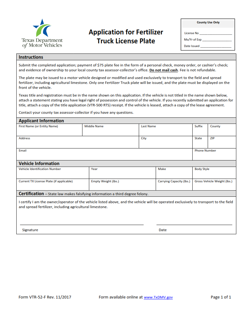 VTR-52-F - Application for Fertilizer Truck License Plate Page 1