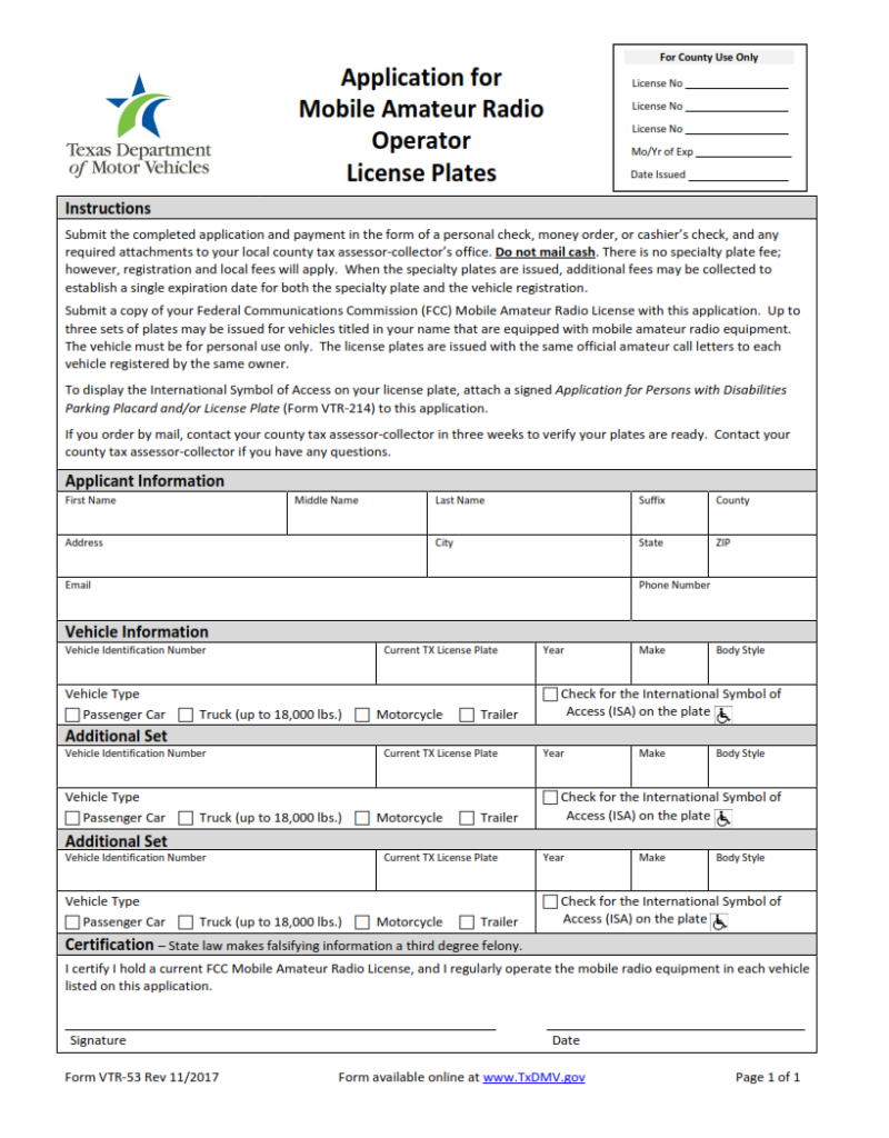 VTR53 Application for Mobile Amateur Radio Operator License Plates Origin Form Studio
