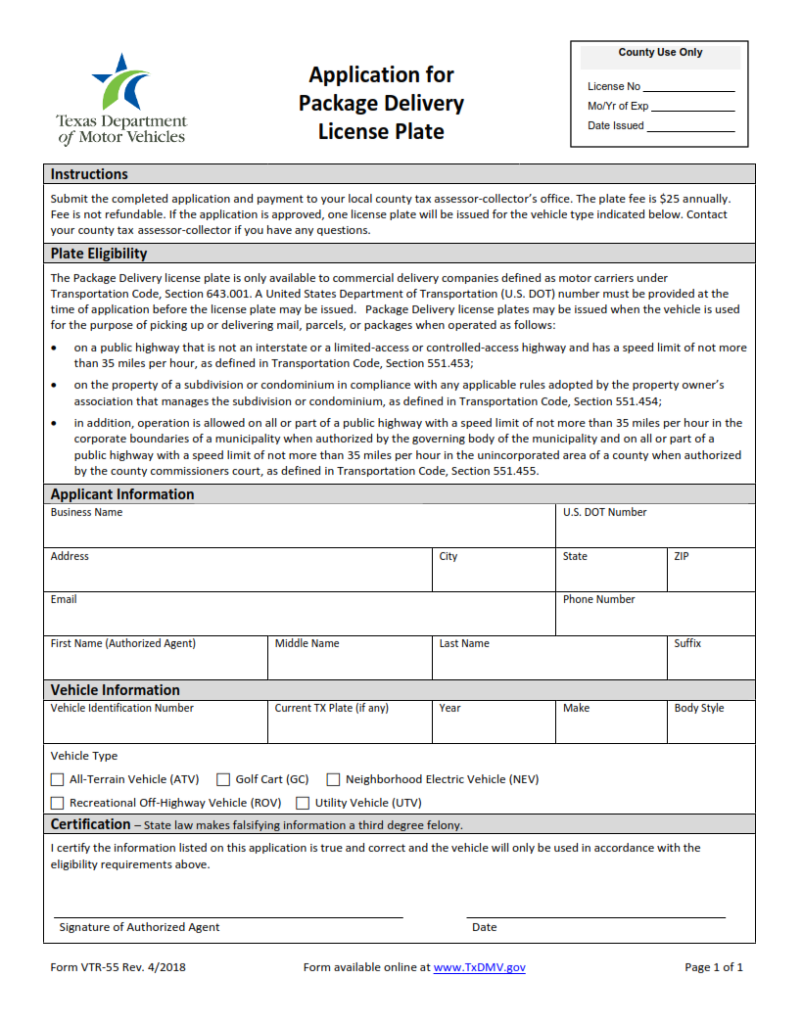 VTR-55 – Application for Package Delivery License Plate | Origin Form ...