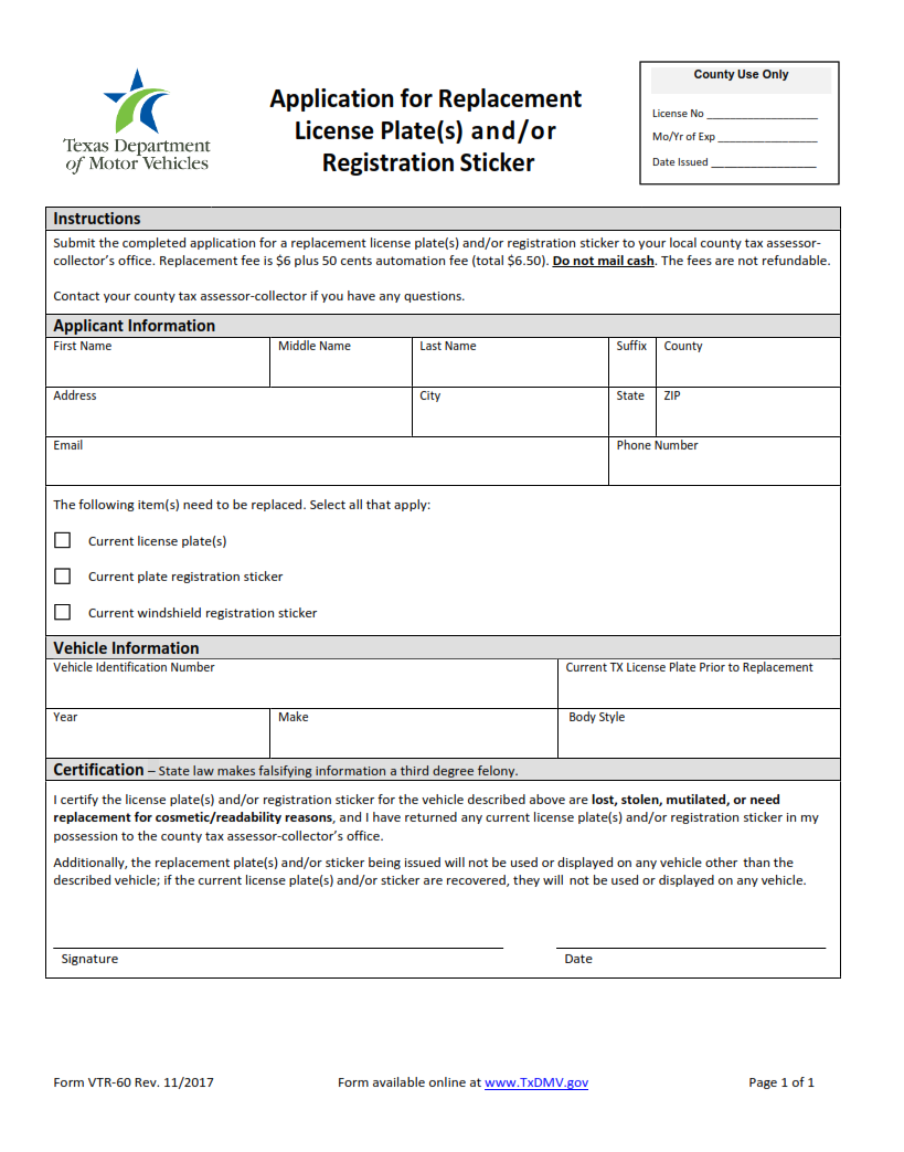 VTR-60 - Application for Replacement License Plate(s), and or Vehicle Registration Sticker