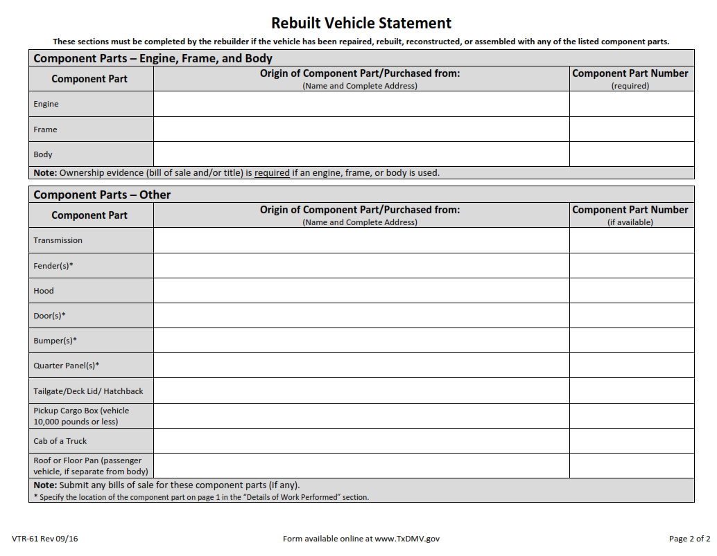 VTR-61 - Rebuilt Vehicle Statement page 2