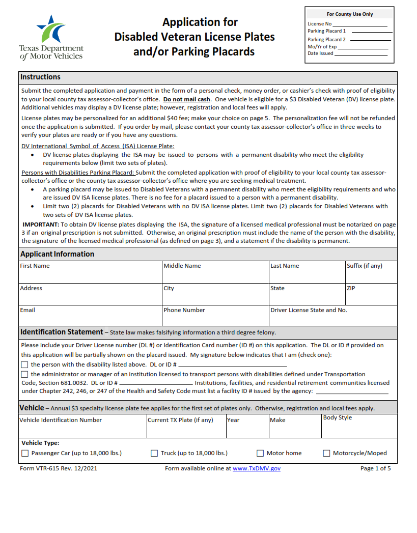 VTR-615 - Application for Disabled Veteran License Plates and Parking Placards Page 1