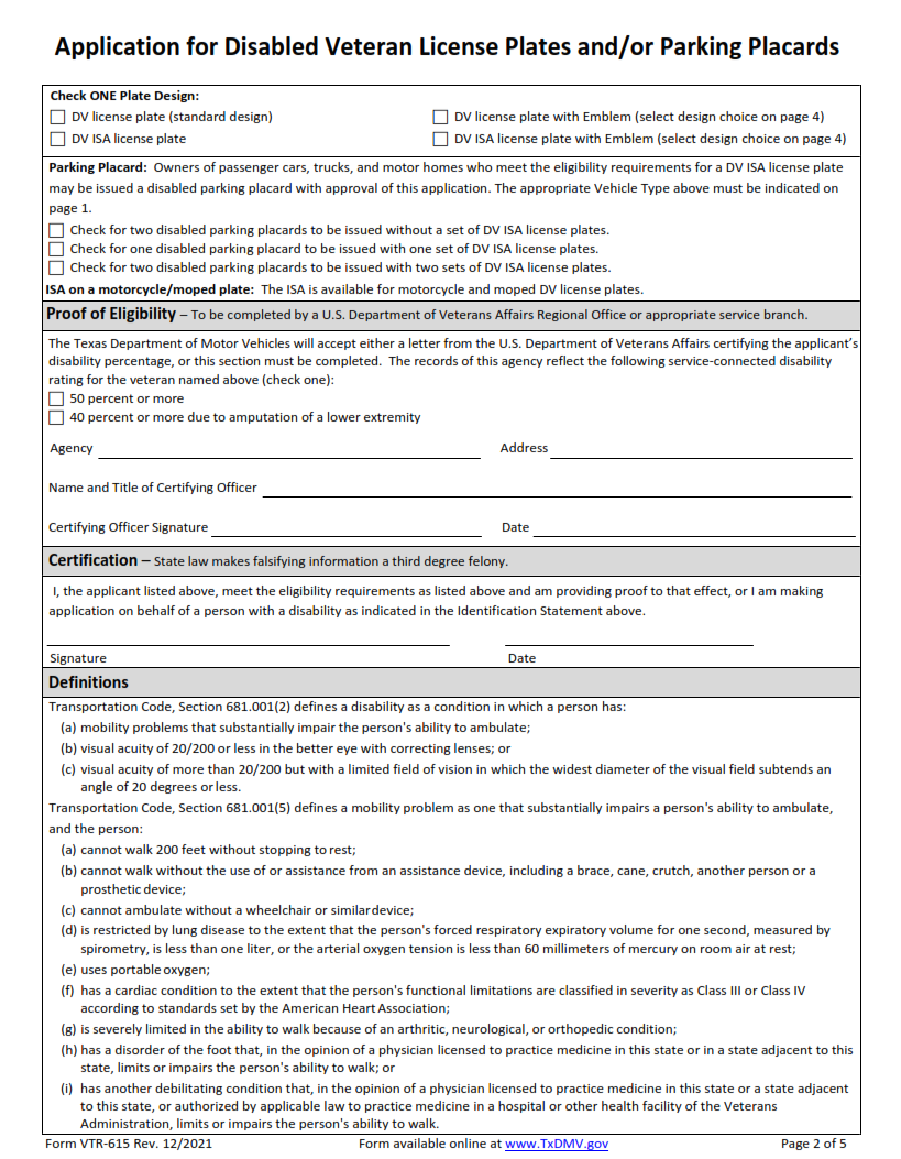 VTR-615 - Application for Disabled Veteran License Plates and Parking Placards Page 2