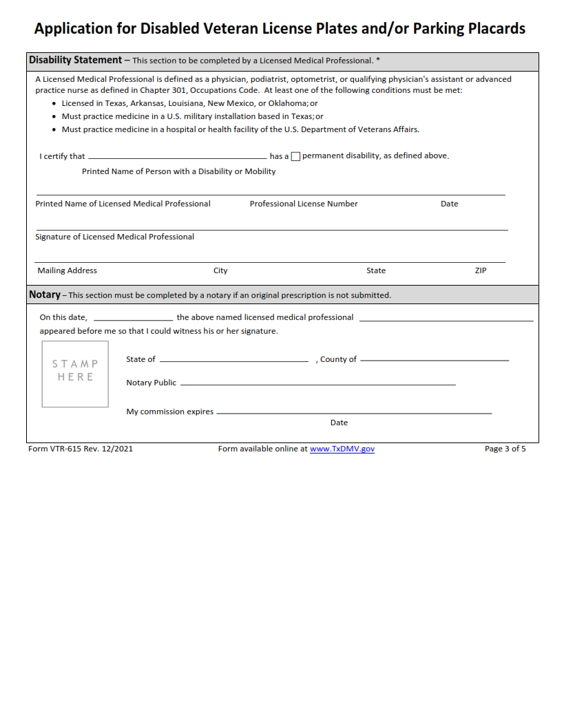VTR-615 - Application for Disabled Veteran License Plates and Parking Placards Page 3
